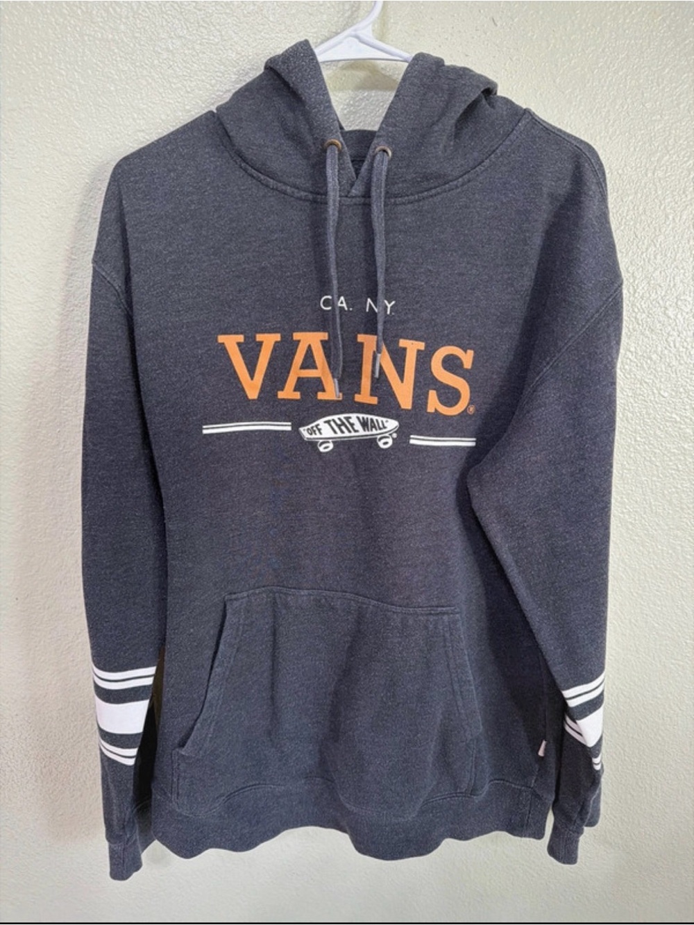 Vans Dark Gray Hoodie with Logo and White Sleeve Stripes